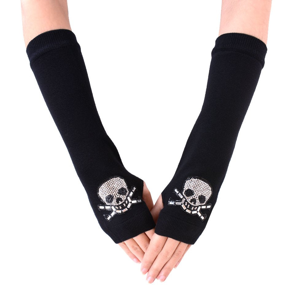JISEN Women Punk Winter Arm Warmer Knitted Stretchy Soft Fingerless Gloves Black B
