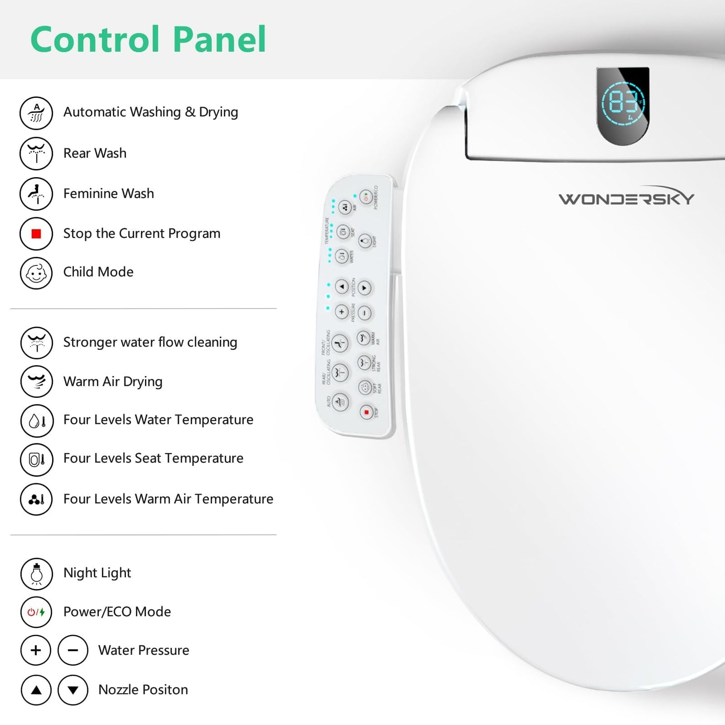 Round Bidet Toilet Seat, Smart Heated Toilet Seat with Warm Water and Dryer, Soft Close Bidet Seat with Adjustable Temperature, Stainless Steel Nozzle
