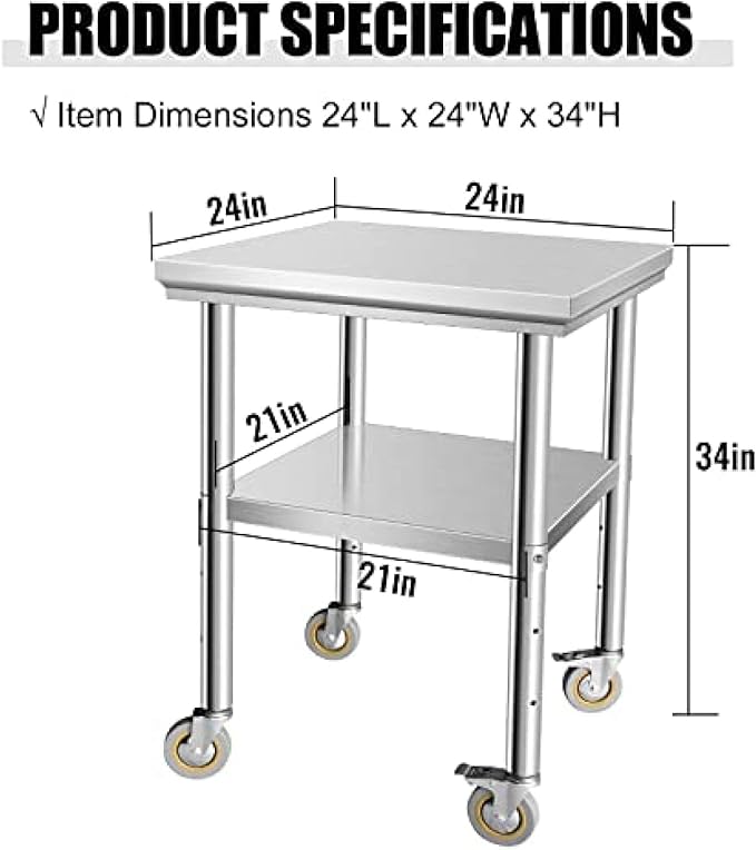 Stainless Steel Table - Metal Table Cart - Commercial Workbench with Caster Wheel - NSF Certified - for Restaurant, Warehouse, Home, Kitchen, Garage,24''x24''
