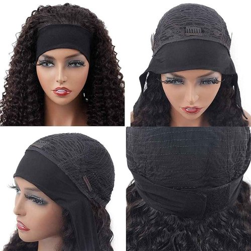 NICMISS Deep Wave Headband Wig Human Hair 22 Inch Curly Headband Wigs for Black Women Human Hair Glueless None Lace Front Wig Brazilian Virgin Hair Wear and Go Wigs 150% Density Natural Black Color