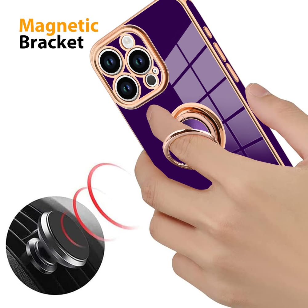 Kanghar Phone Case Compatible With Iphone 15 Pro Max For Women Girls, Plating Built-In 360 Rotation Magnetic Ring Kickstand Hold