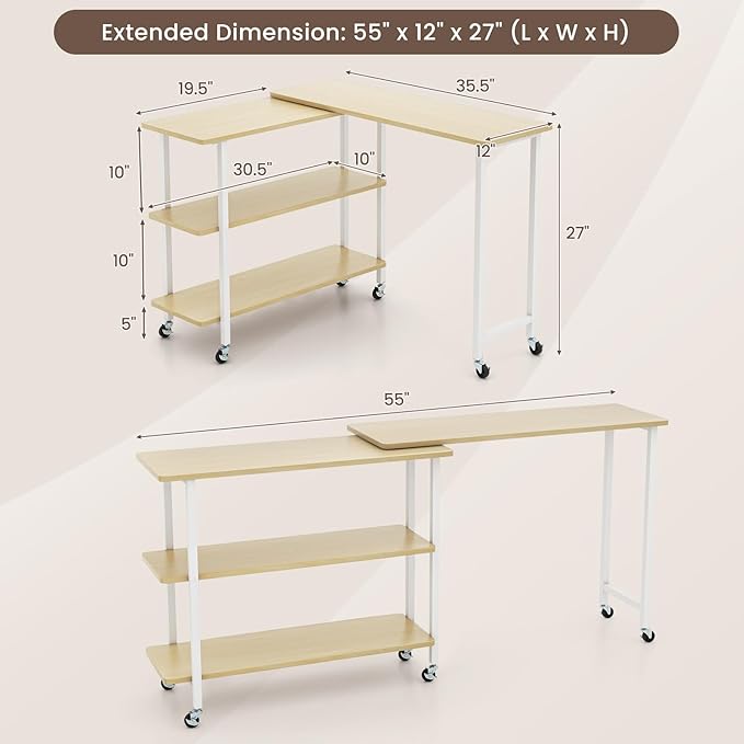 Giantex 360° Free Rotating Sofa Side Table, Mobile L-Shaped Laptop Desk with Sturdy Metal Frame, 6 Universal Casters, Movable Couch Snack Table with 2-Tier Storage Shelf for Home (Natural Maple)