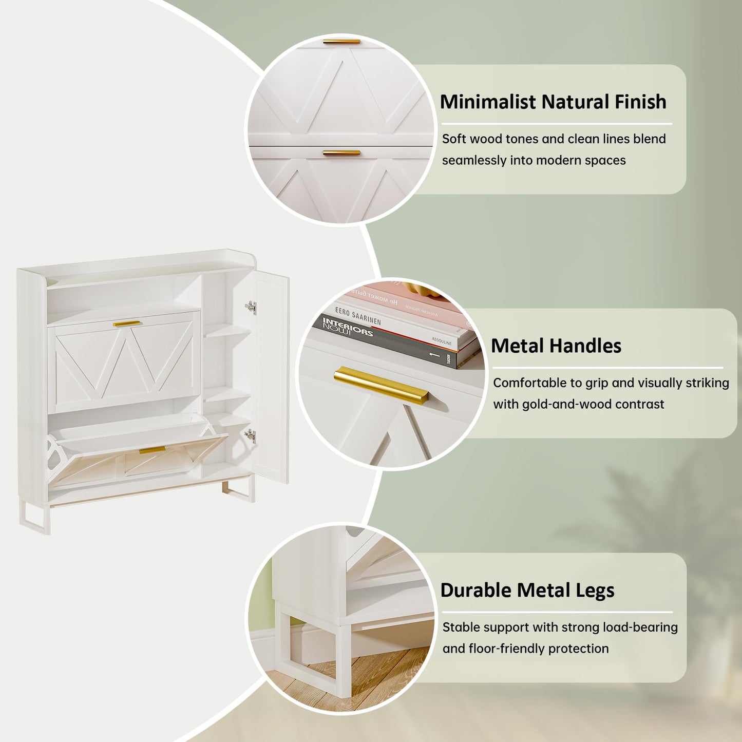GlouMod White Shoe Cabinet with 2 Flip Drawers Door, 43"W Hidden Shoe Organizer Cabinet Storage for Entryway, Closet, Boot, Adjustable Shelves, Narrow Shoe Rack Freestanding Cupboard, At Least 20 Pair