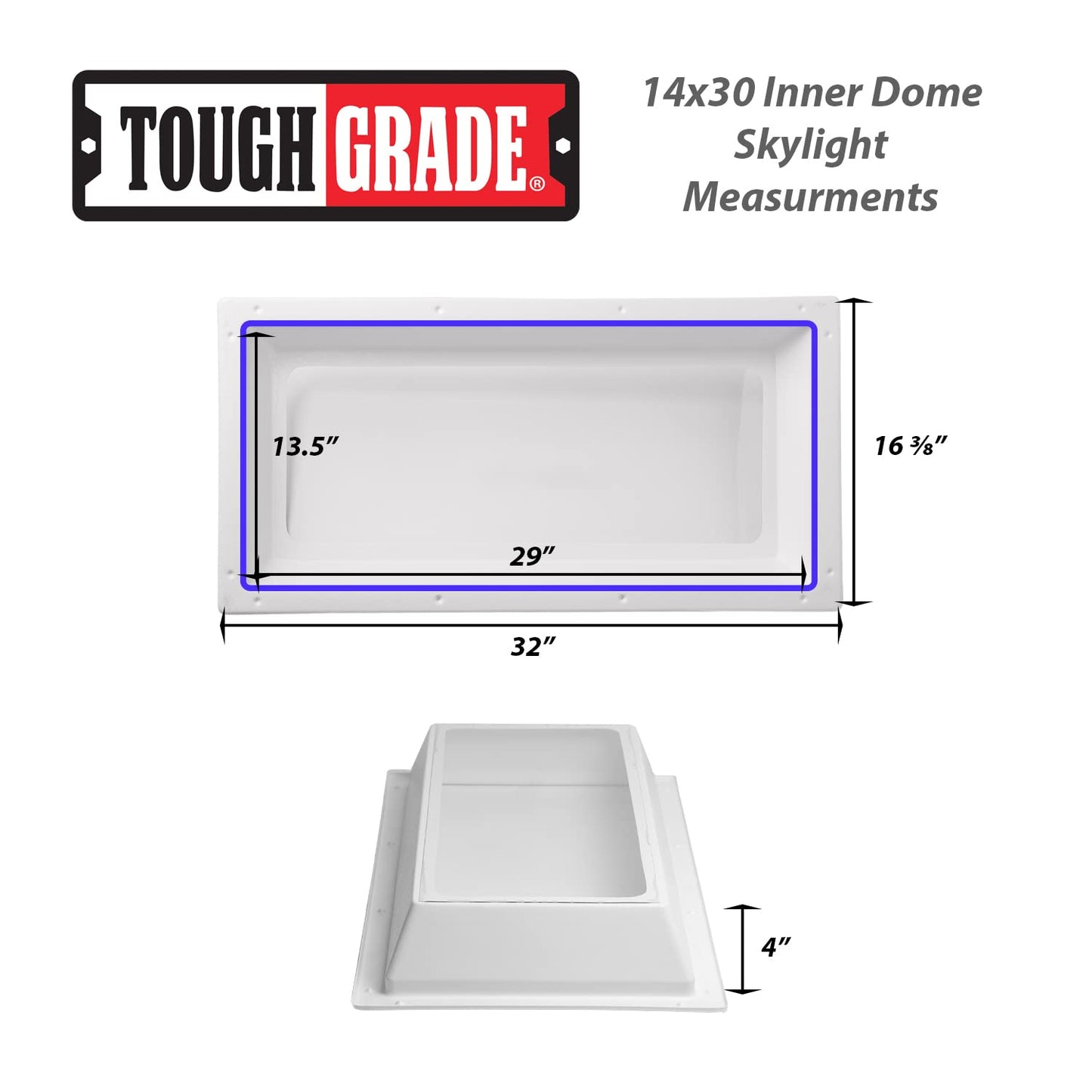 Toughgrade RV/Camper Dome Skylights - Acrylic Replacement Skylights (Inner Dome - White Garnish/Clear Window, 14"x30")