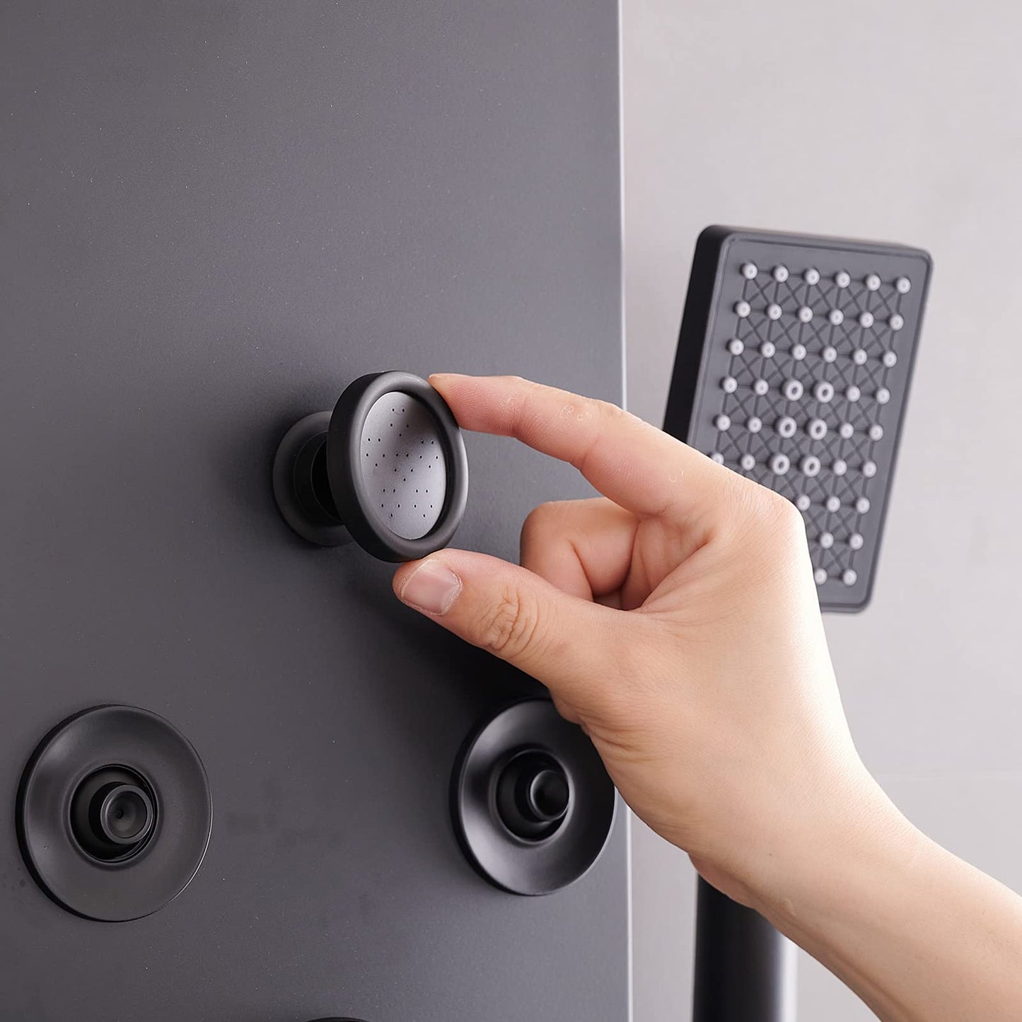 BWE Rainfall Shower Panel Waterfall with Handheld Shower Matte Black 6 IN 1 Stainless Steel Shower Tower Panel System Massage Body Jets with Tub Spout Water Wall Mount