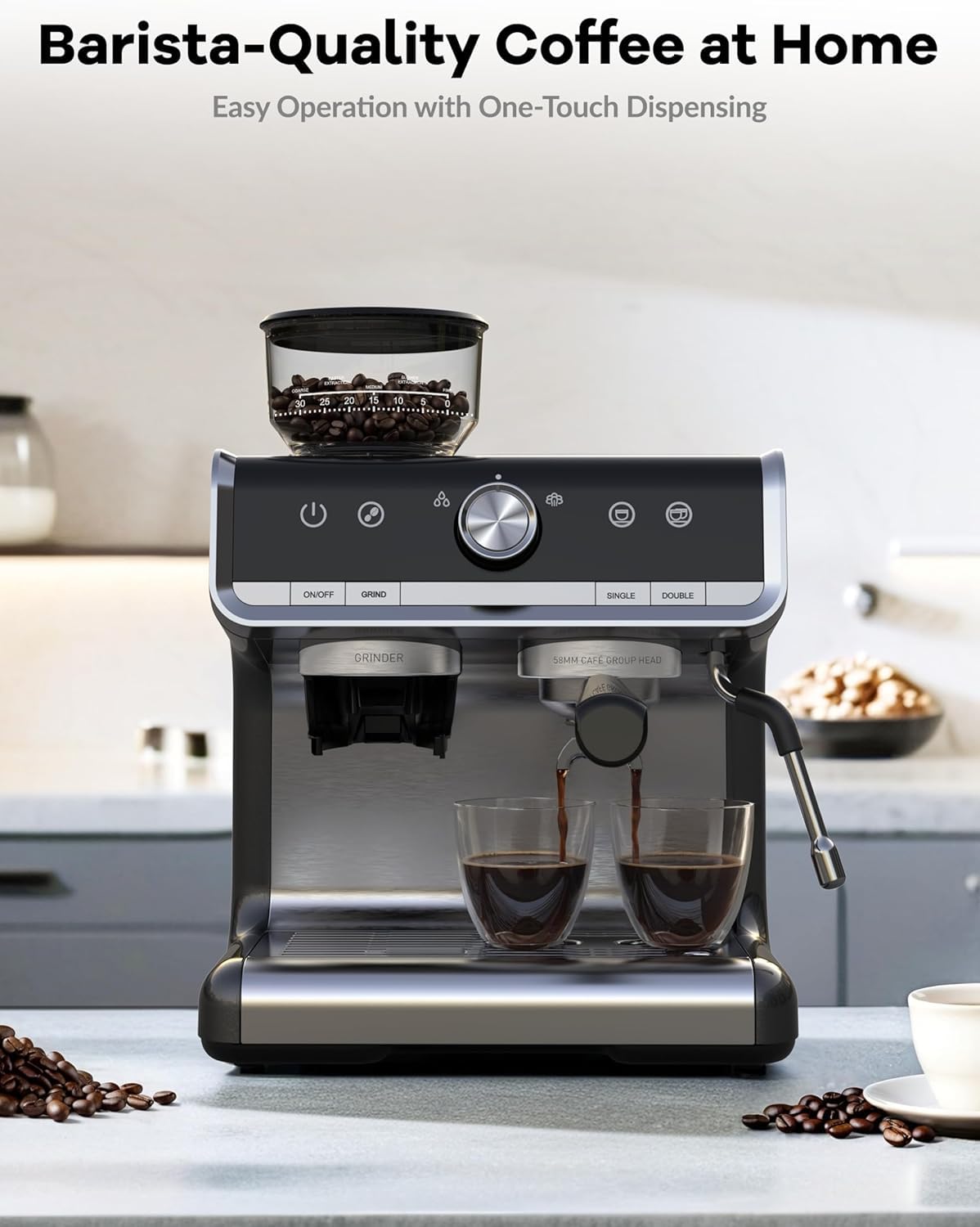 Takywep Espresso Machine, 20 Bar Semi-Automatic Espresso Coffee Maker With Grinder, Milk Frother Steamer Wand for Cappuccino, Latte, Macchiato, 95-Ounce Water Tank, PID Temperature Control,Dark Gray