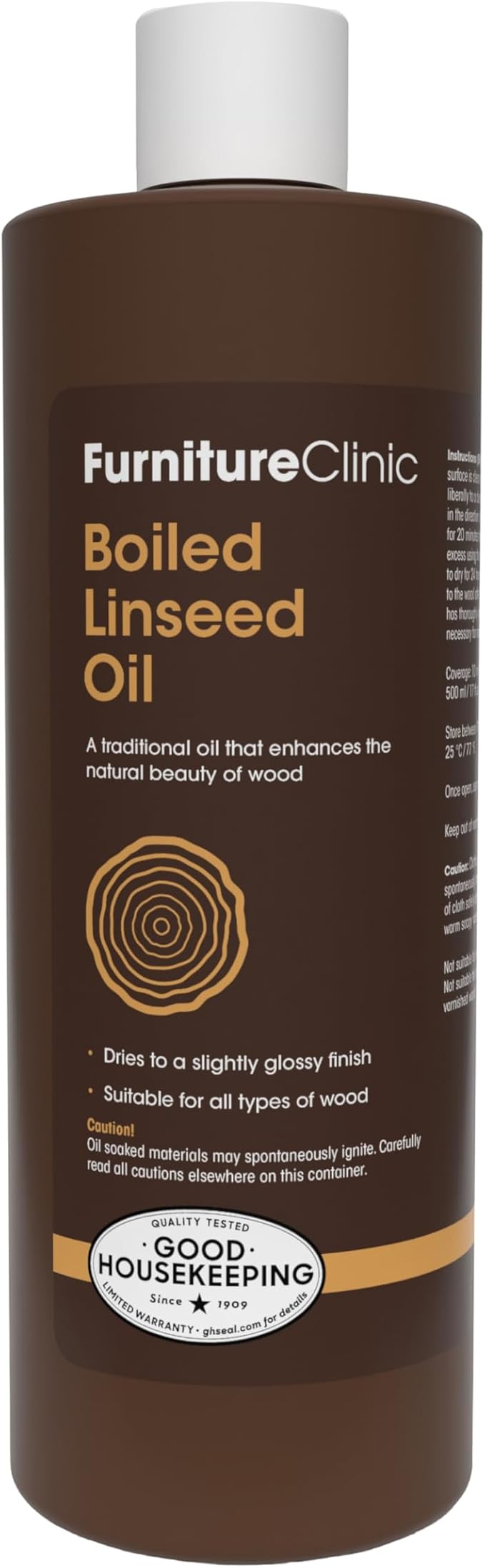 Furniture Clinic Boiled Linseed Oil | 500ml / 17 Fl Oz | Refined Oil for Wood Furniture, Stone & Metal | Fast Drying Glossy Finish | Restore & Protect | for Tables, Cabinets, Handles, & More