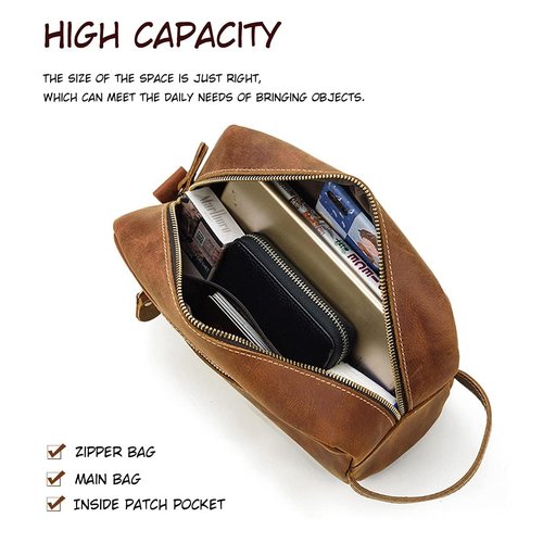 Toiletry Bag for Men or Women, Full Grain Leather Handcrafted Dopp Kit, Vintage Travel Leather Toiletry Travel Pouch, Large Cosmetic Bathroom Travel Shaving Bag, Fully Lined with Cotton Fabric