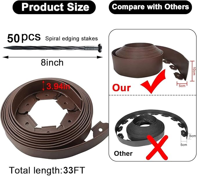 Landscape Edging 33ft,Garden Edging Borders[Extra Tall 4IN ] Flexible Lawn Edging Kit with Total 50pcs Spikes, Heavy Duty Landscaping Edge Plastic Fence for Tree Yard Grass Flower Bed -Brown