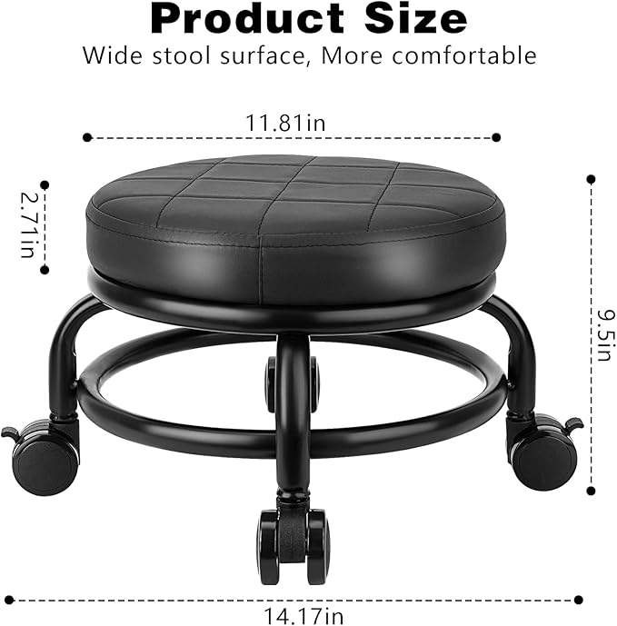 LWADALN Low Roller Stool Low Height Rolling Stool Seat PU Leather Small Chair Foot Stool Round Rolling Stools for Home Office Garage Shop (Black)