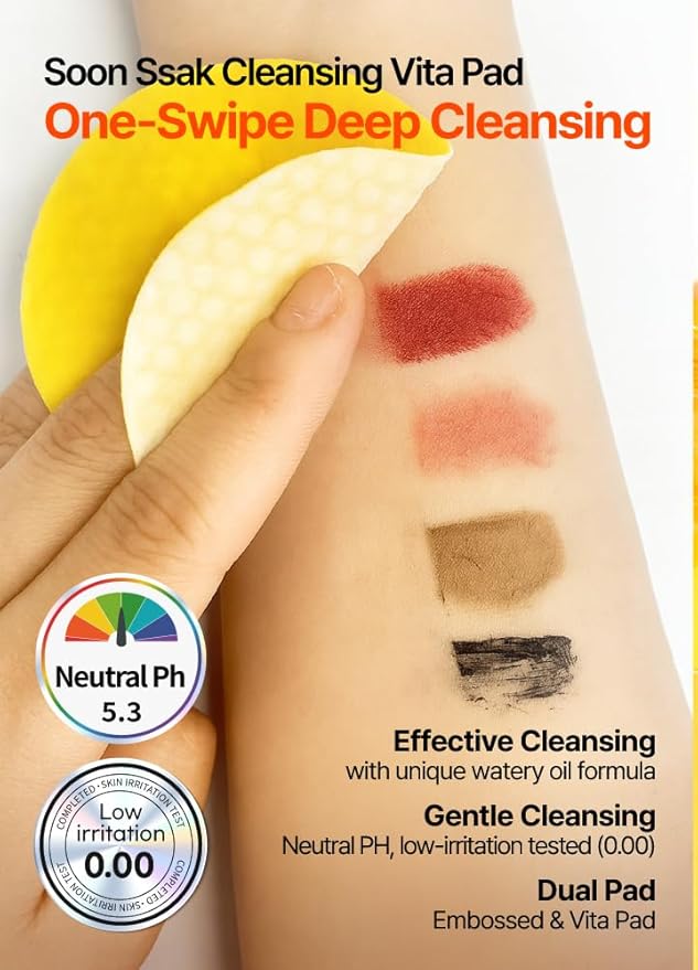 BEAUDIANI Soonssak Vitamin C Cleansing Pads – One-Swipe Makeup Remover, Low-pH 5.3, Dual-Texture Exfoliating Toner Pads, Hydrating Lyocell, Sensitive-Skin Friendly – 50 Count