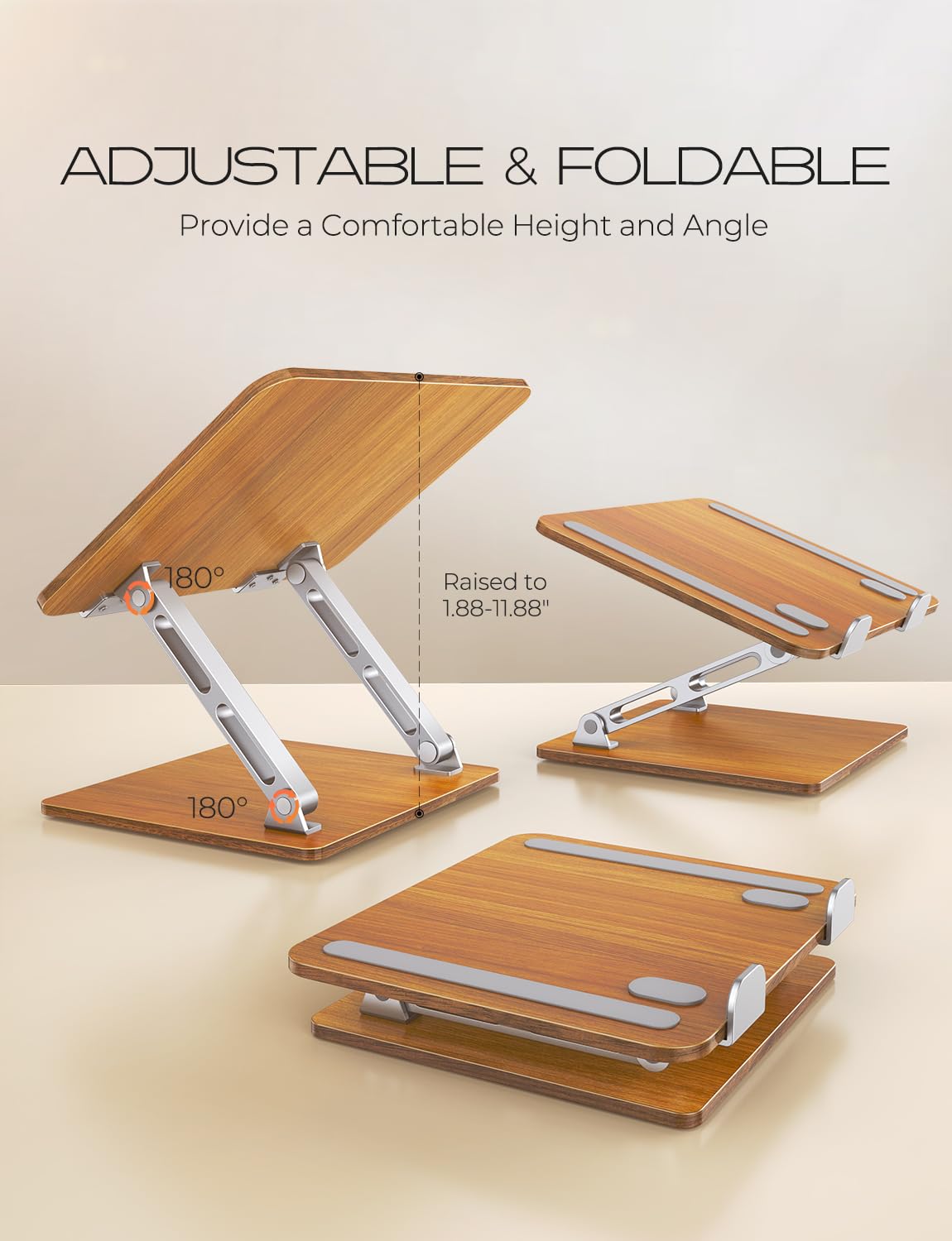 Niweya Ergonomic Laptop Stand, Wood & Aluminum Computer Stand with Adjustable Angle, Foldable Dual-Bar Laptop Riser Holder Stand for Desk, Compatible with MacBook, Dell, HP 10-16" (Royal Teak Grain)