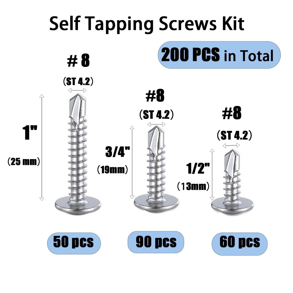 BSTMGGJ 200pcs #8 Self Tapping Screws for Metal,410 Stainless Steel Sheet Metal Screws Assortment Kit, Self Drilling Screws (1/2", 3/4", 1") Modified Truss Head