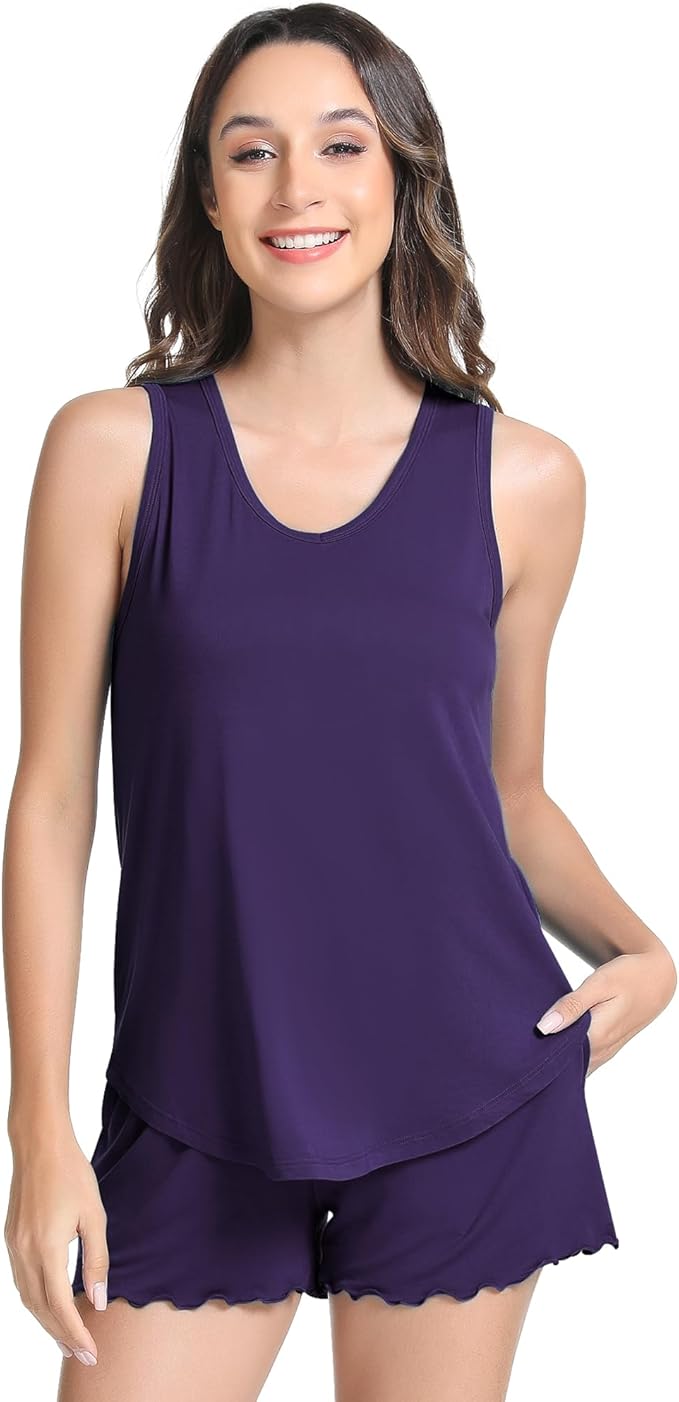 NACHILA Pajamas for Women-Viscose from Bamboo, Ribbed Racerback Tank Top Sexy Split Shorts Pajama Sets Cooling Sleep Cami Pjs