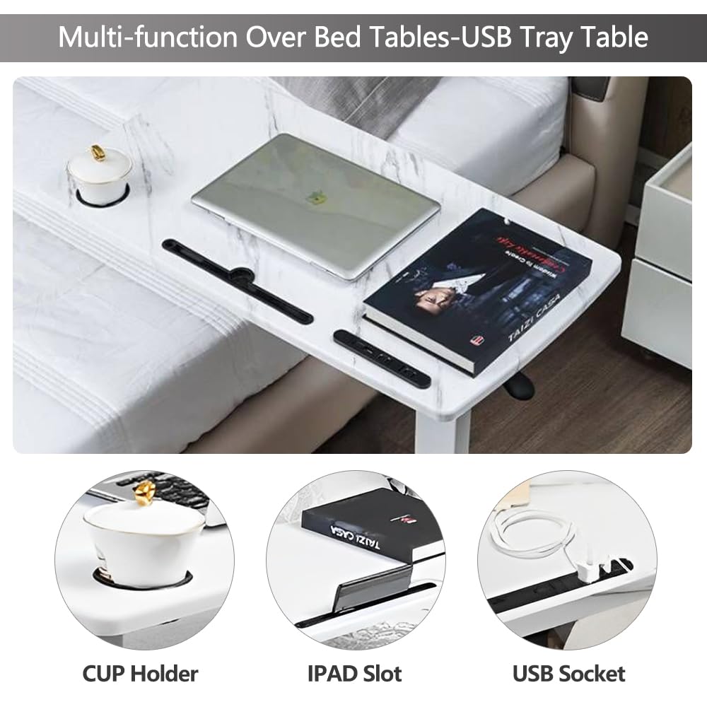 BeGyoku Overbed Table,Hospital Bed Table,Pneumatic Bed Tables Adjustable Over The Bed with Hidden Wheels&USB Port,Mobile Laptop Table Cart and Rolling Bedside Table with Tray Hospital Home Use-White