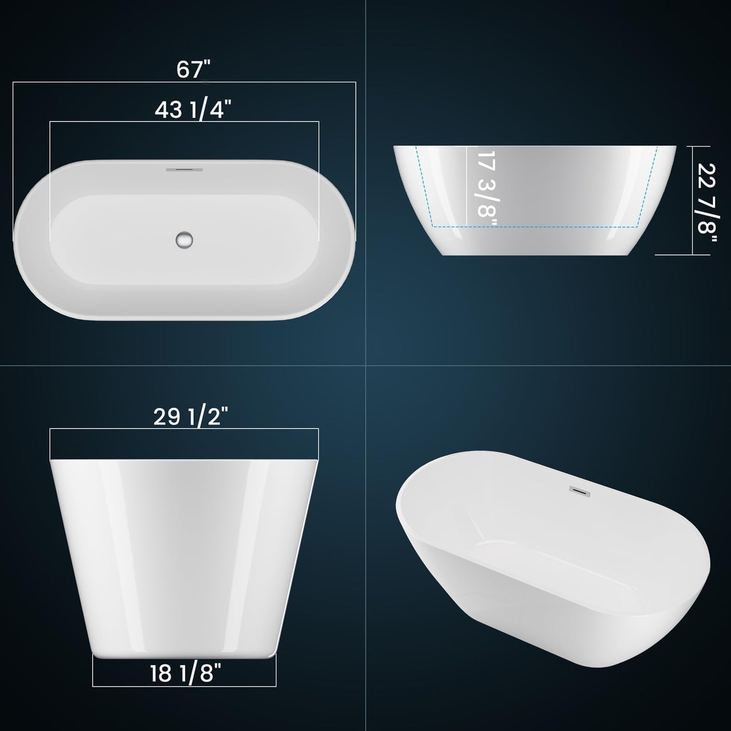 67 Inch Freestanding Bathtubs, Modern Acrylic Free Standing Bathtub with Integrated Overflow, Deep Soaking Tub Ergonomic Design for Spa-Like Relaxation