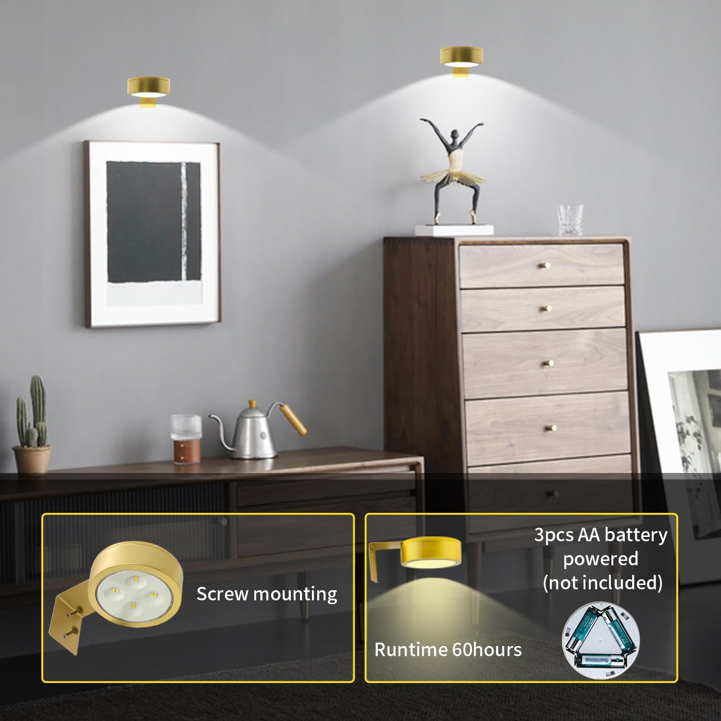 6pcs Wall Picture Light Battery Operated, Painting Light with Remote, Wall Picture Lighting Wireless Indoor with 3 Lighting, Art Display Led Lighting Brightness Dimmable for Frame Gallery Portrait