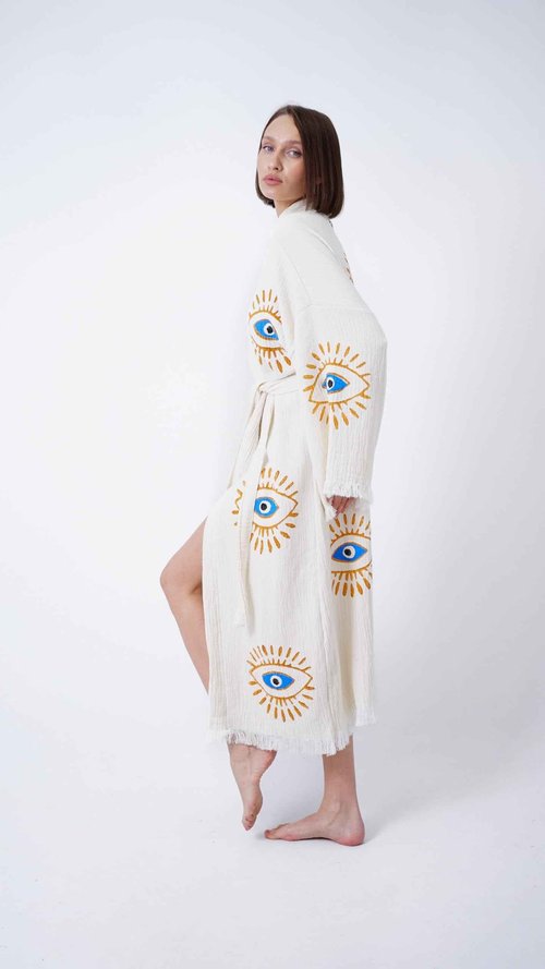 Bodho Handmade Evil Eye Boho Festival Kimono, Boho Beachwear, Beachwear Cover Up, Ethnic Kimono, Evil Eye Robe