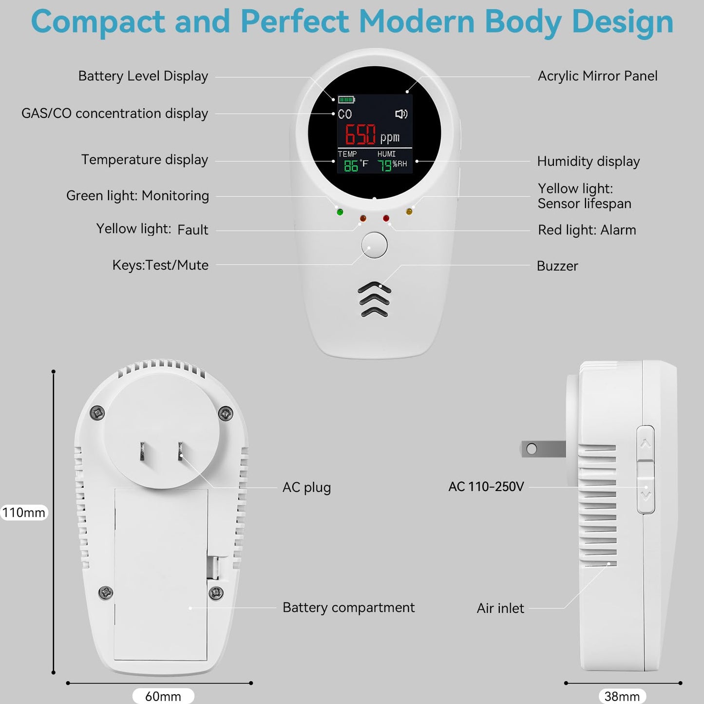 5-in-1 Carbon Monoxide Detectors,Combustible Gas Detector,Plug-in & Built-in Backup Battery,Monitoring CO,Natural Gas,Temperature and Humidity,Clear LCD Screen Sound Light Dual Alarm Detector