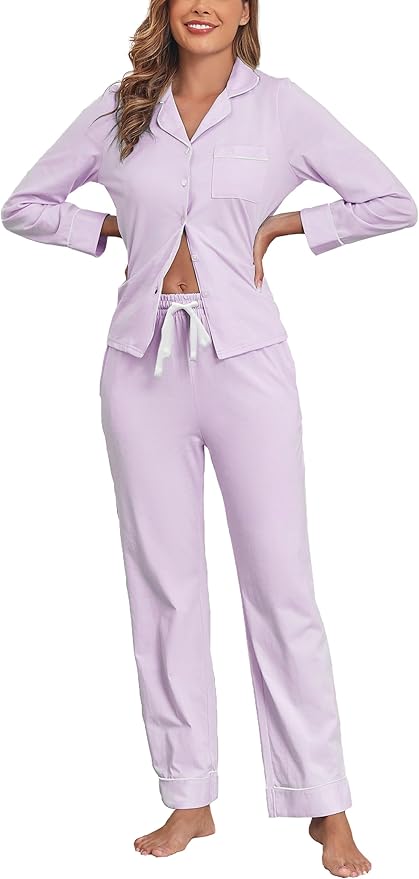 Veseacky 100% Cotton Pajamas for Women Set Long Sleeve Button Down Sleepwear Soft Pjs Lounge Sets with Pockets XS-XXL