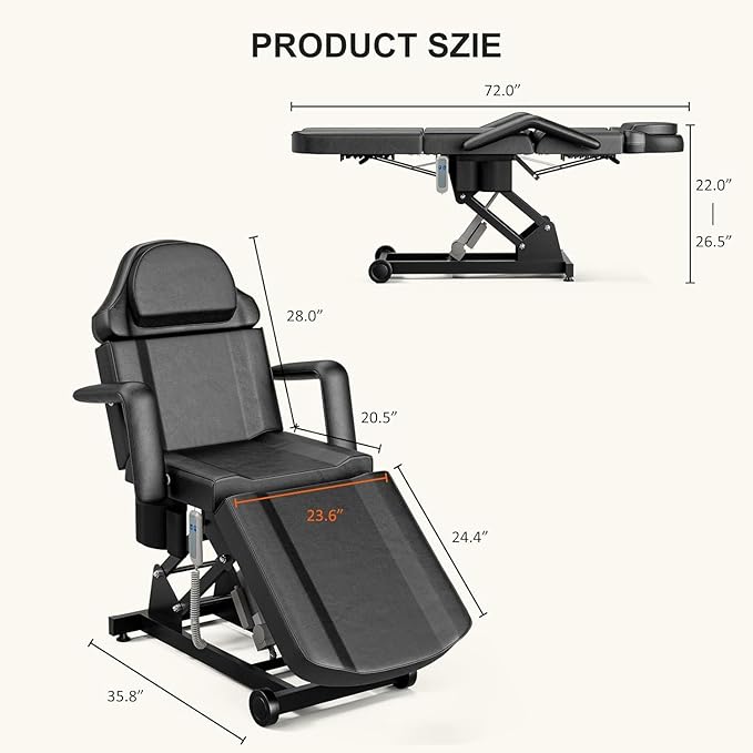 Icoget Electric Spa Tattoo Chair – Esthetician Bed for Lash Extensions, Facial, Waxing, Microblading, White Adjustable Massage Table with Remote Control, Black