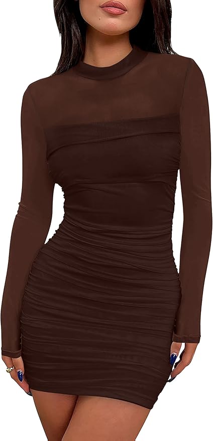 WIHOLL Women's Mesh Sheer Long Sleeve Ruched Mini Dress Sexy Bodycon Mock Neck Cocktail Party Club Dresses 2025