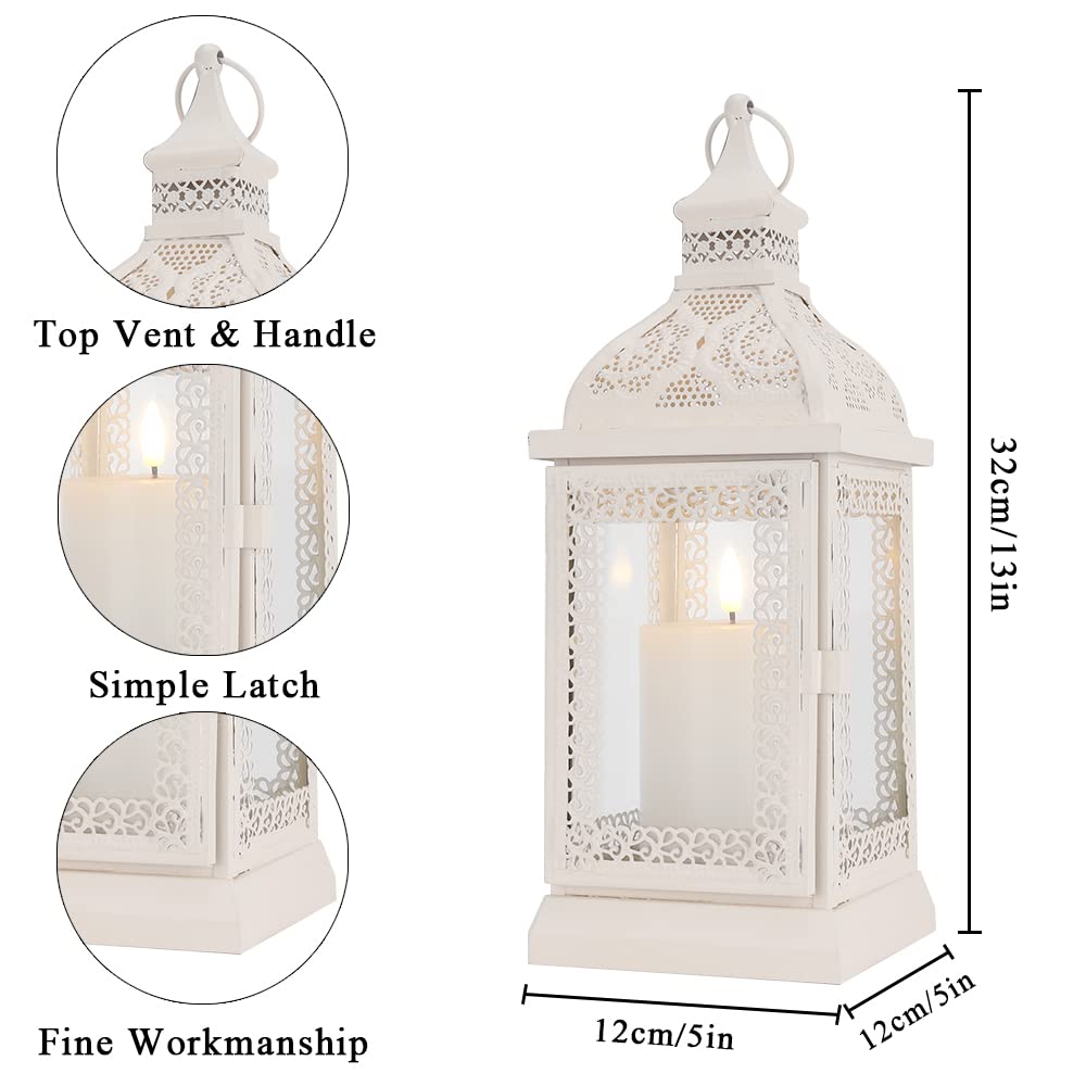 TRIROCKS Rustic Style Metal Candle Lantern 13'' High Decorative Outdoor Lantern Candle Holder with Tempered Glass for Thanksgiving Christmas Living Room Garden Patio Parties Indoors Outdoors (Cream)