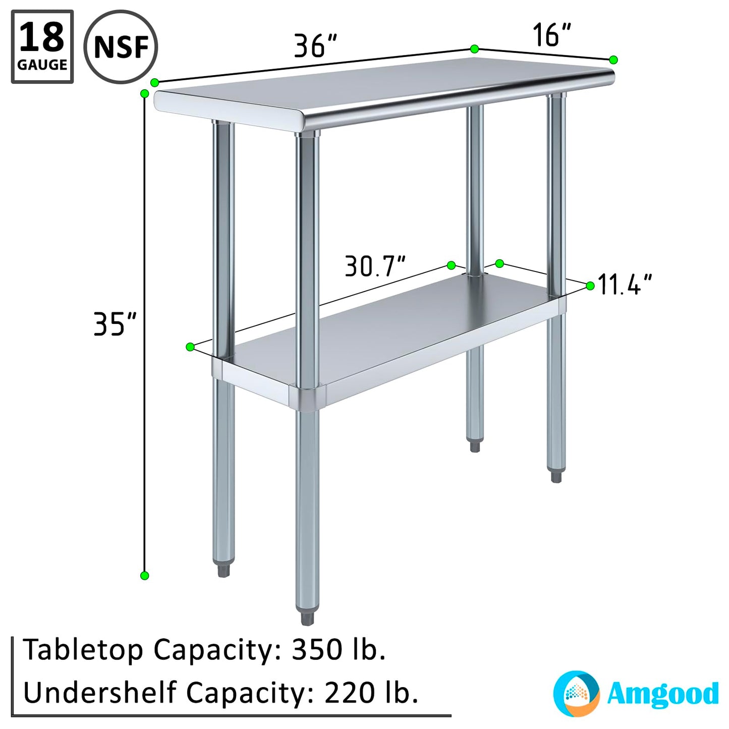 AmGood 16 in. x 36 in. Stainless Steel Work Table | Metal Kitchen Food Prep Table | NSF