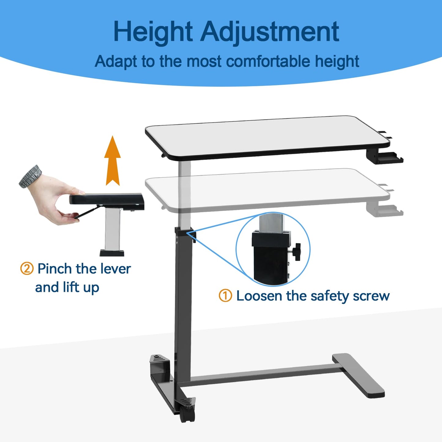 Loyoda Adjustable Overbed Table with Invisible and Lockable Wheels ，Bedside Table with Cup Holder，Standing Desk for Medical or Home use Silver-Grey Color（30.3" W x 15.3" D）