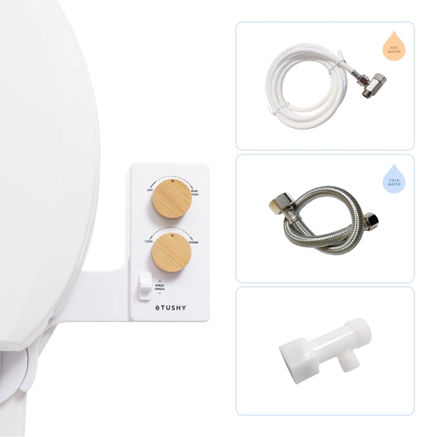 TUSHY Spa Warm Water Bidet Attachment for Toilet. Universal Fit, Easy Install (Requires Sink Access for Optional Temperature Control) Self Cleaning, Adjustable Pressure, Angle Control, Bamboo