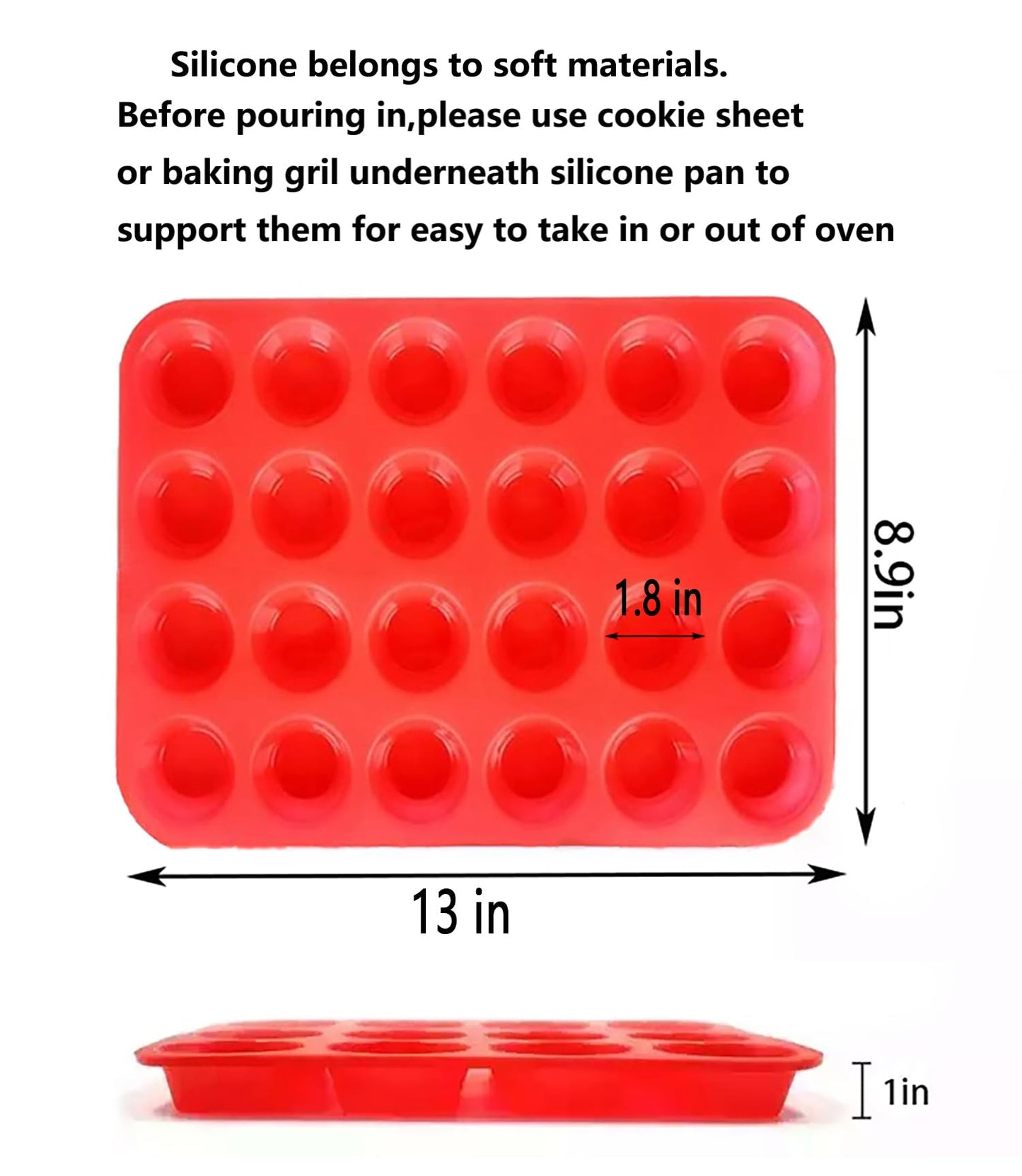 Mini Muffin &Cupcake Set, 24 Cups 2-Pieces, Nonstick Silicone Baking Pan, BPA Free and Dishwasher Safe, Great for Making Muffin Cakes, Tart, Bread (24 Cups Red,2 PCS)