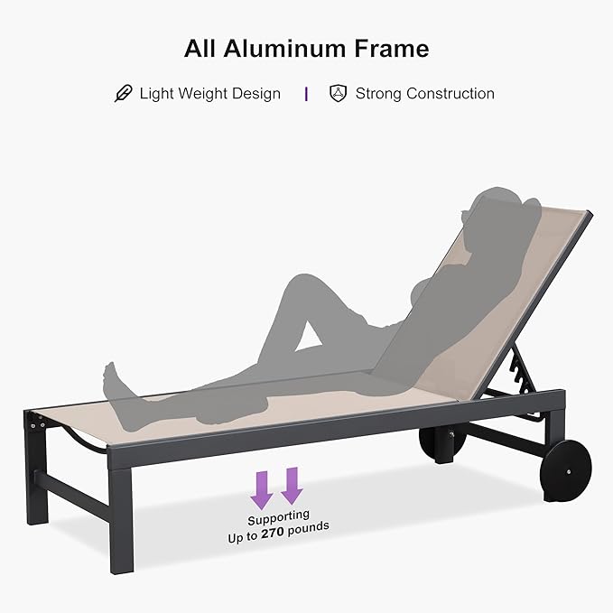 PURPLE LEAF Patio Lounge Chair Set for 2 Outdoor Chaise Lounge with Adjustable Backrests and Easy-to-Move Wheels Aluminum Reclining Pool Chair for Outside Yard Poolside Table Included, Sand Beige