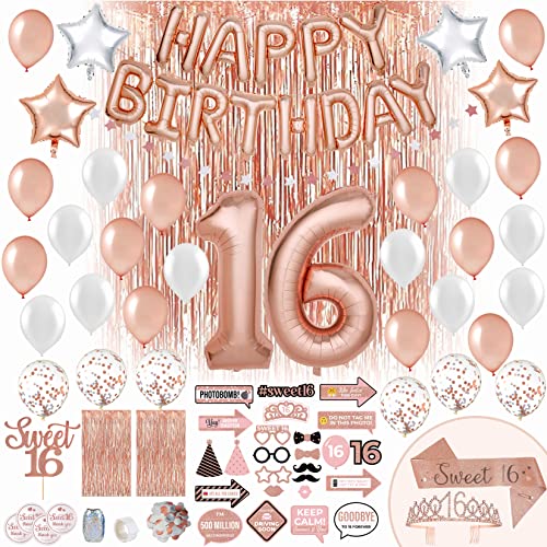 PartyHooman Sweet 16 Birthday Decorations Rose Gold With Sweet 16 Sash and Tiara Set, 2Pcs Backdrop, 25Pcs Pre-assembled P...