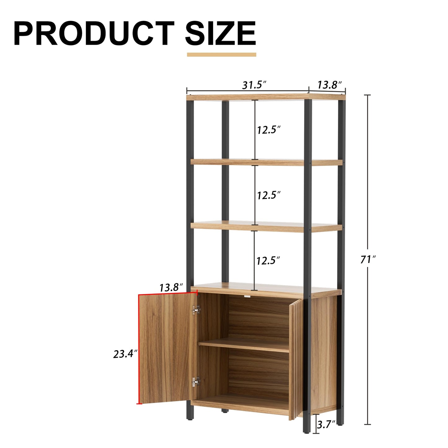 UEV 5 Tier Wood Boho Bookshelf with Storage Door,Fluted 71 in Tall Bookshelf with Metal Stand,Mid Century Modern Large Accent Bookcase for Living Room,Bed Room (Wood, 1 Piece)