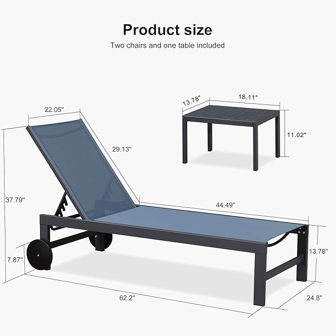 PURPLE LEAF Patio Lounge Chair Set for 2 Outdoor Chaise Lounge with Adjustable Backrests and Easy-to-Move Wheels Aluminum Reclining Pool Chair for Outside Yard Poolside Table Included, Indigo