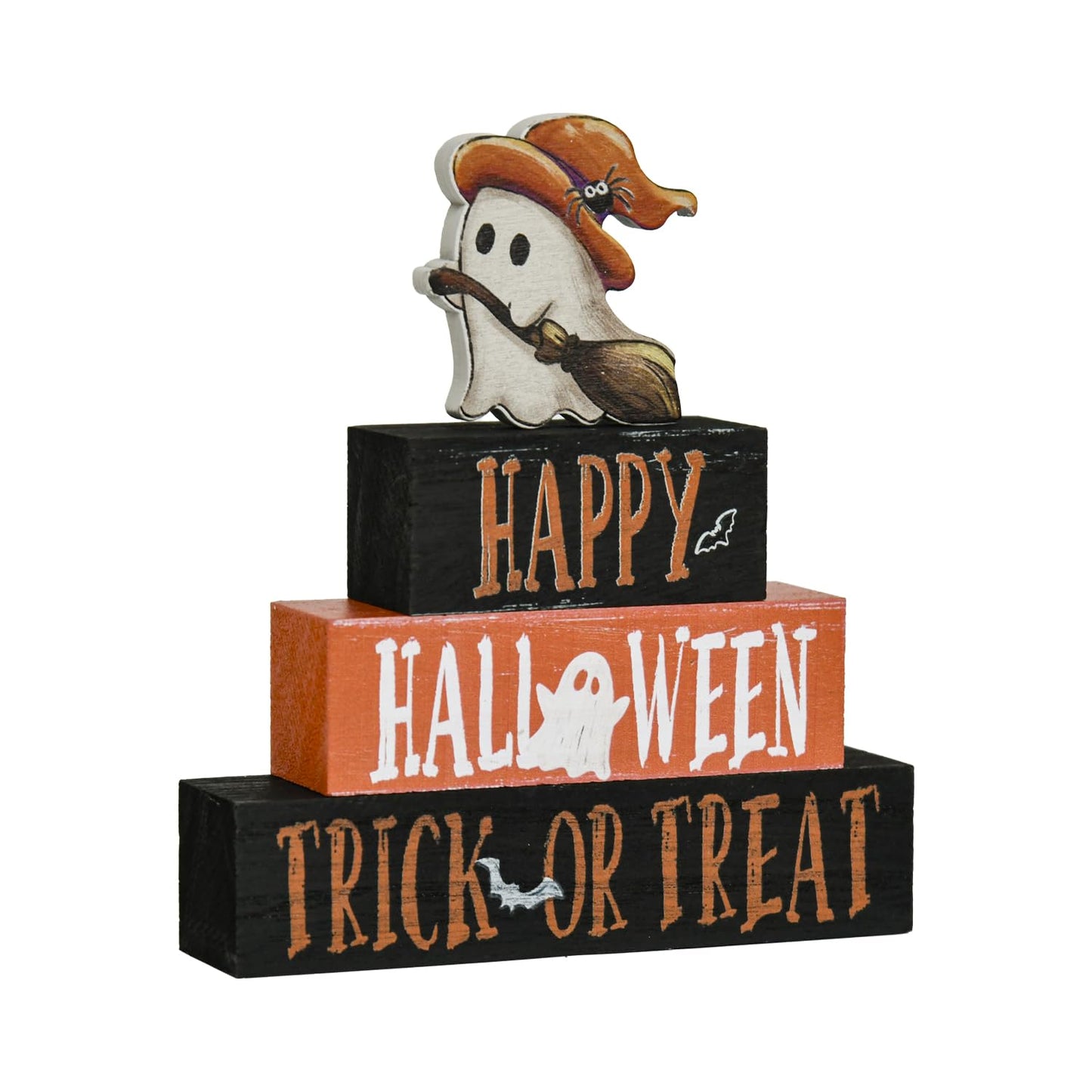Smile 4 Pcs Wooden Blocks Signs, Happy Halloween Indoor Decorations, Trick or Treat Farm Decor Spooky Rustic for Home Table Shelf and Kitchen