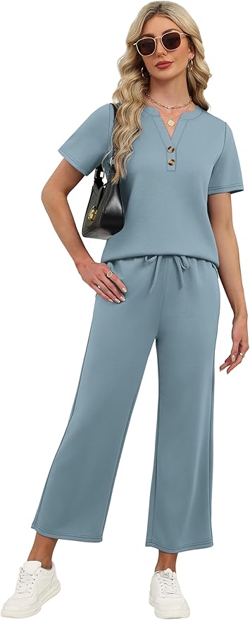 OFEEFAN 2 Piece Sets for Women Spring Fashion Beach Vacation Cruise Outfit Dressy Casual Wide Leg Crop Pants Resort Wear