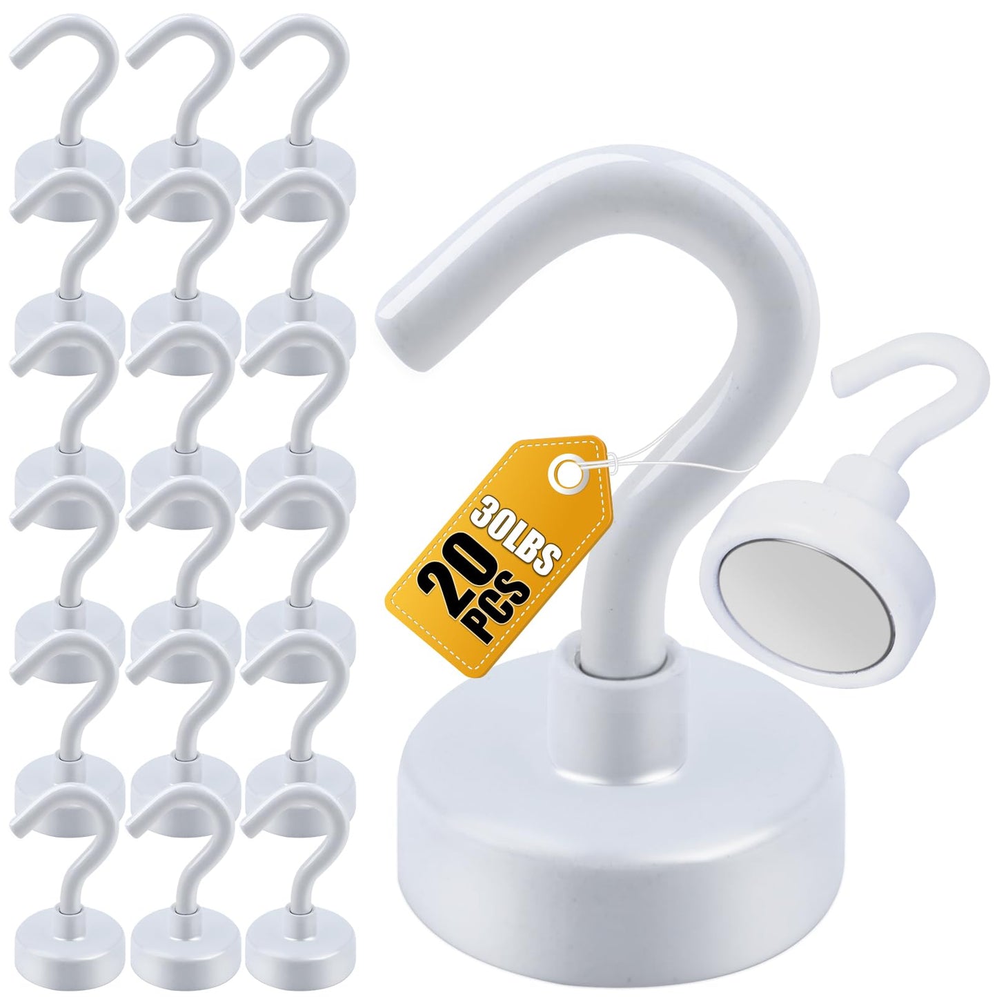 DIYMAG Magnetic Hooks, 30Lbs Strong Heavy Duty Cruise Magnet S-Hook for Classroom, Fridge, Hanging, Cabins, Grill, Kitchen, Garage, Workplace and Office Etc, (20 Pack-White)