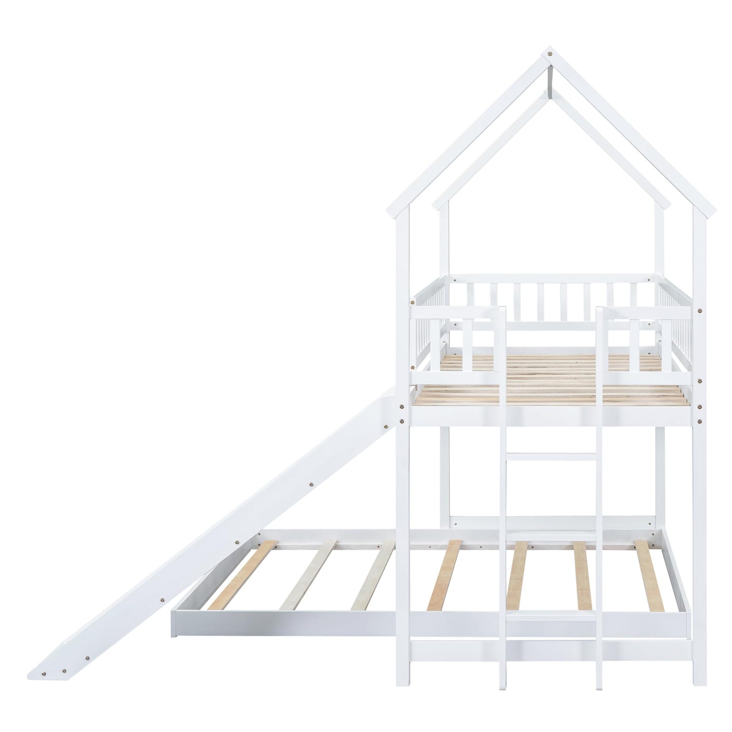 SOFTSEA Wooden House Bunk Bed with Slide and Built-in Ladder, Twin Over Full Wooden Bunk Bed Frame with Full-Length Guardrail, for Girls Boys Bedroom, No Box Spring Needed, White