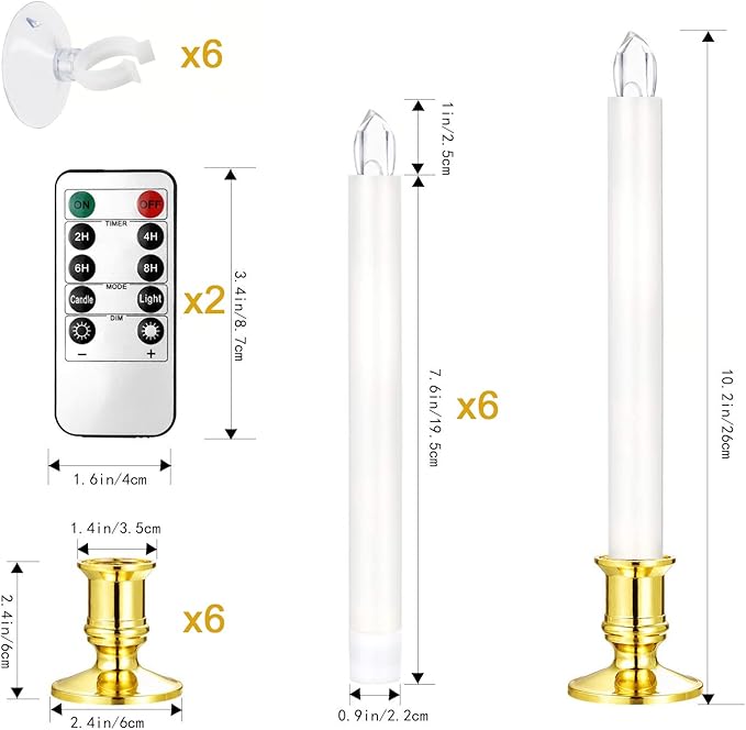 YAUNGEL Christmas Window Candles, 6 Pack Battery Operated Flameless Taper Candles for Windows with Timer Remote, Electric Candle Lights with Candle Holders Suction Cups for Christmas