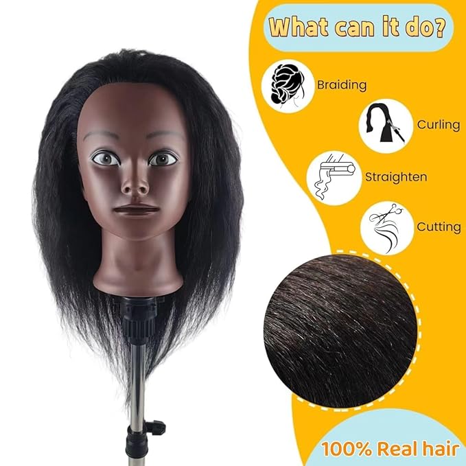 African Hair Mannequin Head for Braiding Black Mannequin Head with 100% Real Hair Cosmetology Training Head for Practice Braiding 18 inches