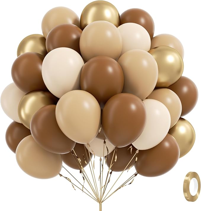 60pcs Brown Balloons 12inch with Light Brown Tan Sand White Metallic Gold Balloons for Boho Neutral Baby Shower Birthday P...