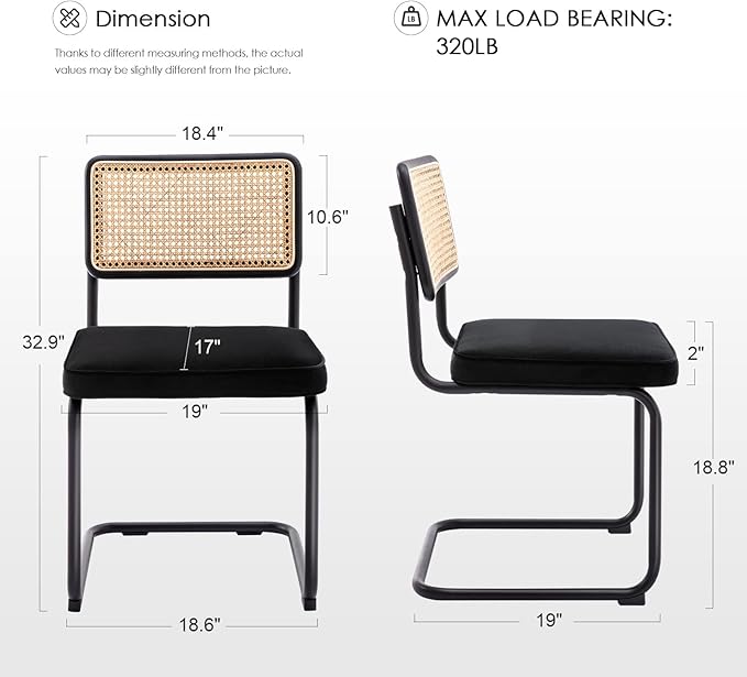 Zesthouse Natural Rattan Dining Chairs Set of 4, Modern Dining Room Chairs with Solid Wood Back for Kitchen Living Room, Mid Century Breuer Design Inspired, Upholstered Velvet Fabric, Black