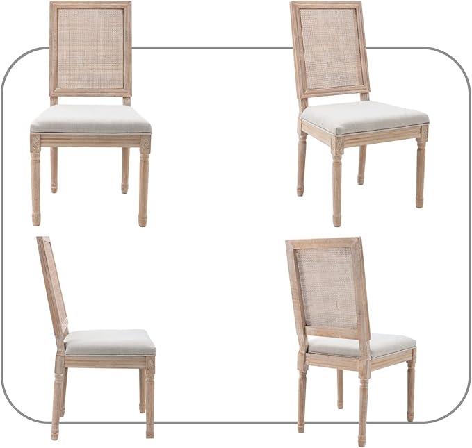 CIMOTA Farmhouse Dining Chairs Set of 2, French Rattan Dining Room Chairs with Rectangle Back/Distressed Wood Upholstered Vintage Side Chairs for Kitchen/Restaurant, Beige/2PCS