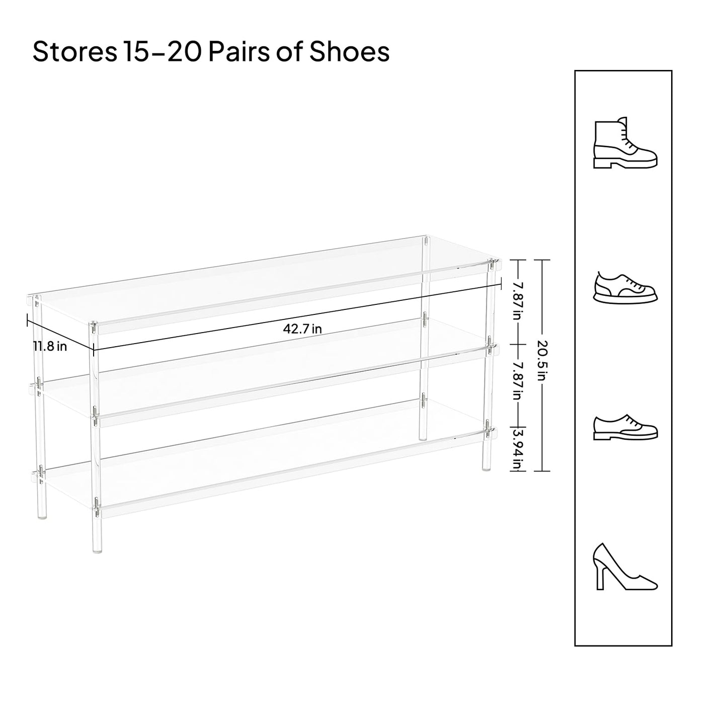 Aquiver Acrylic 3-Tier Long Shoe Rack - Clear Wide Shoe Rack for Closet - Entryway Shoe Storage Organizer - 42.7'‘ L x 11.8'' W x 20.5'' H, Easy Assembly & Clean