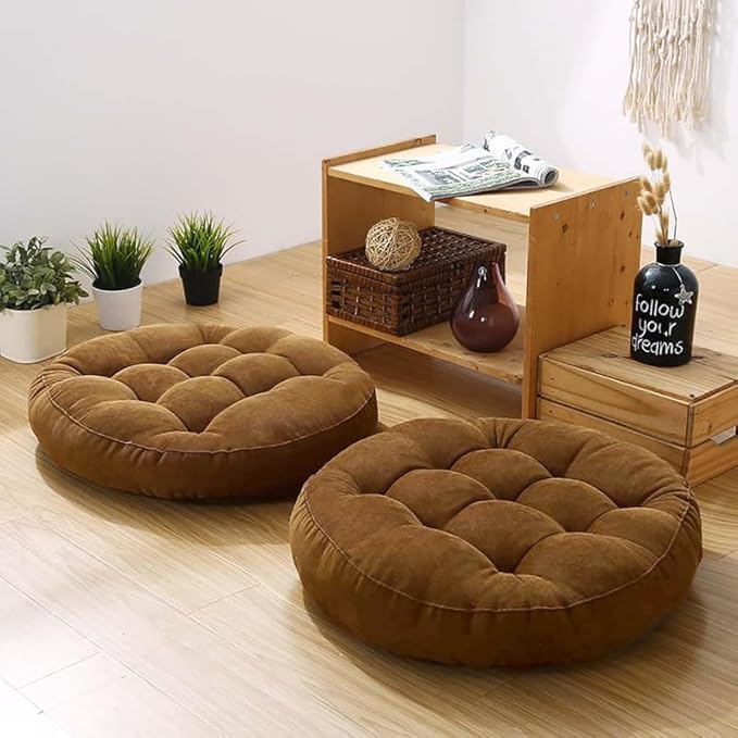 Gfobip Meditation Floor Pillow Set of 2 Large Round Floor Cushions for Adults Tufted Corduroy Floor Seat Pillows Cushion for Living Room,Brown 16.5" Lx16.5 Wx3 H