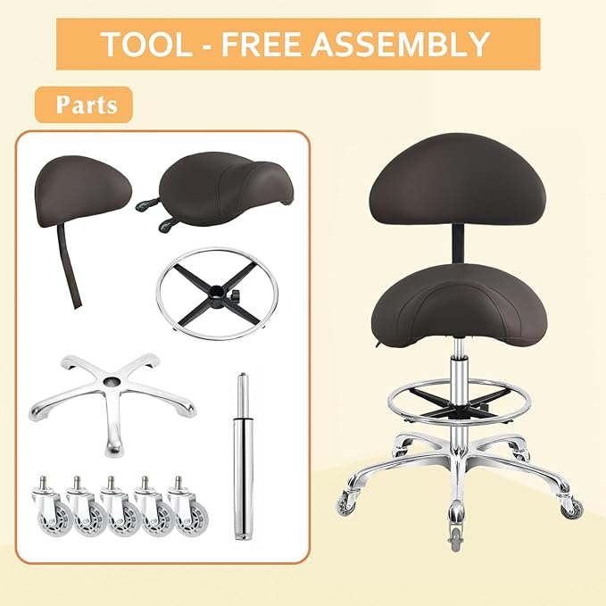Nazalus Saddle Stool Chair with Back Support Footrest, Heavy-Duty(350LBS), Hydraulic Rolling Swivel Adjustable Stool Chair for Salon Spa Beauty Massage Dental Clinic Home Office Use(Coffee)