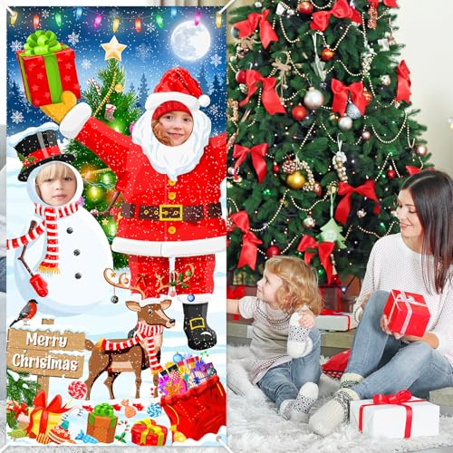 Lecheme Christmas Photo Banner 6x3ft Hole in Face Santa Face Cutout Xmas Backdrop Holiday Photo Booth Props Christmas Part...