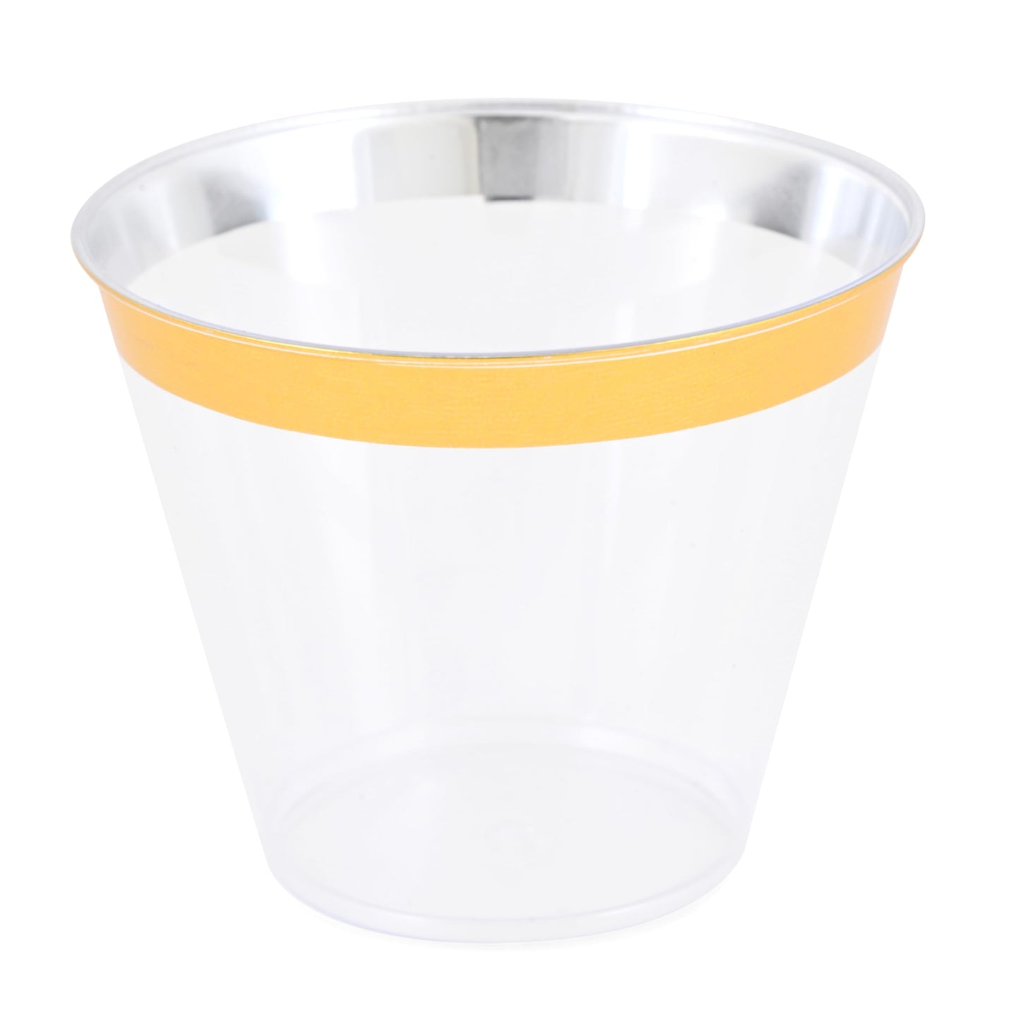 Crystal Ridge Tableware Premium Gold Rim Clear Plastic Cups, 9 oz., Reusable Drinking Cup Set, Disposable Cups for Wedding and Birthday Parties, Plastic Wine Cups, Cocktail and Fruit Cups, 30 Pcs