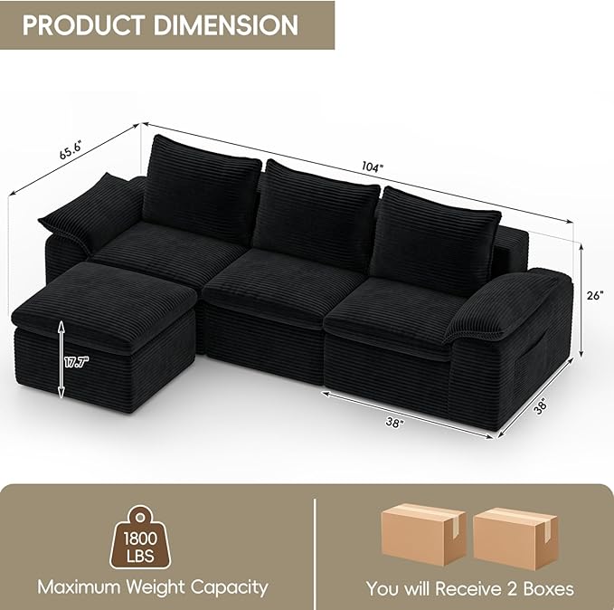 Buytime 104" Comfy Cloud Couch, Convertible Boneless Couches for Living Room, L Shaped Modular Sectional Sofa with Deep Seat, Double-Layer Cloud Cushion and Headrest, Black